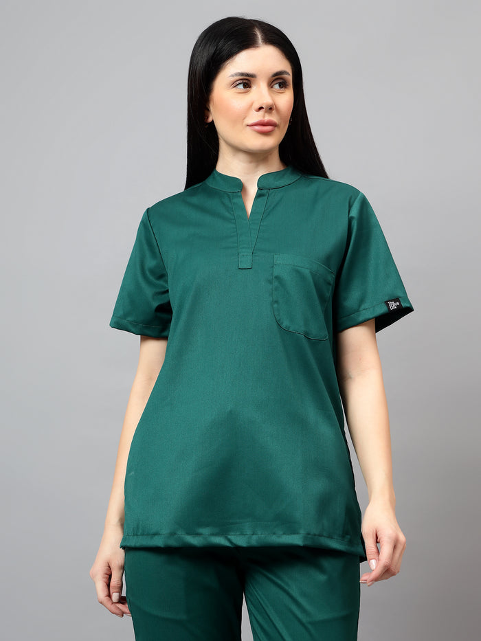 Stretchable (2Way) Women Hunter Green Mandarin Neck Scrub Top