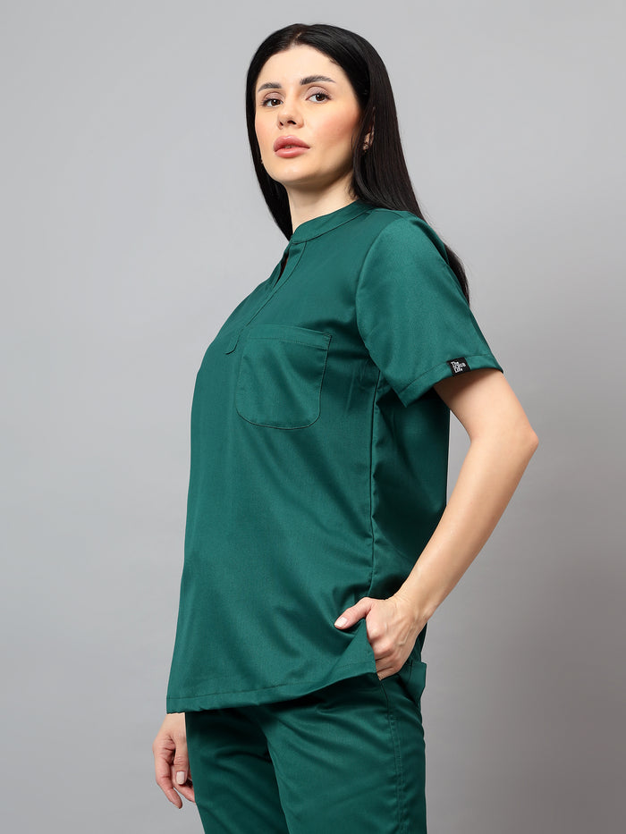Stretchable (2Way) Women Hunter Green Mandarin Neck Scrub Top