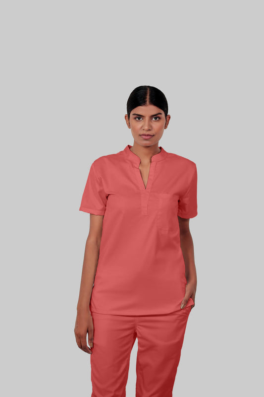 Stretchable (2Way) Women Peach Mandarin Neck Scrub Top
