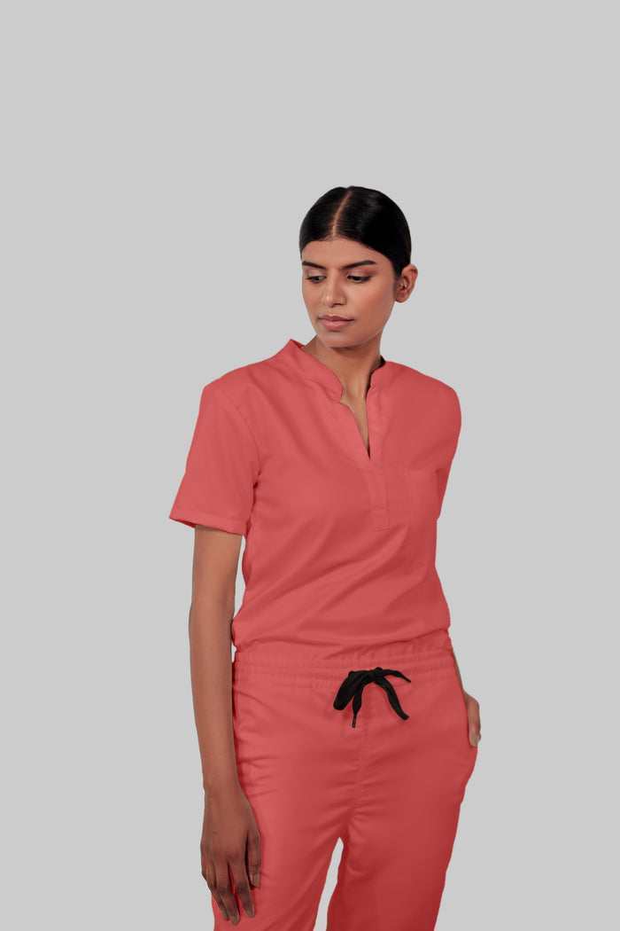 Stretchable (2Way) Women Peach Mandarin Neck Scrub Top