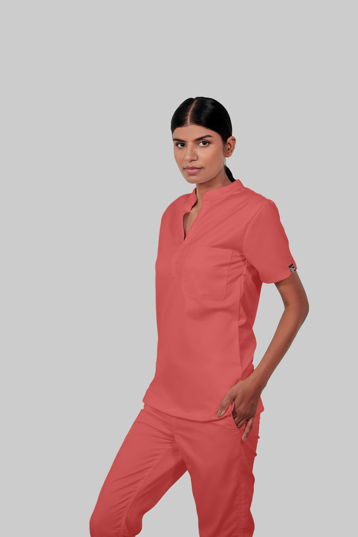 Stretchable (2Way) Women Peach Mandarin Neck Scrub Top