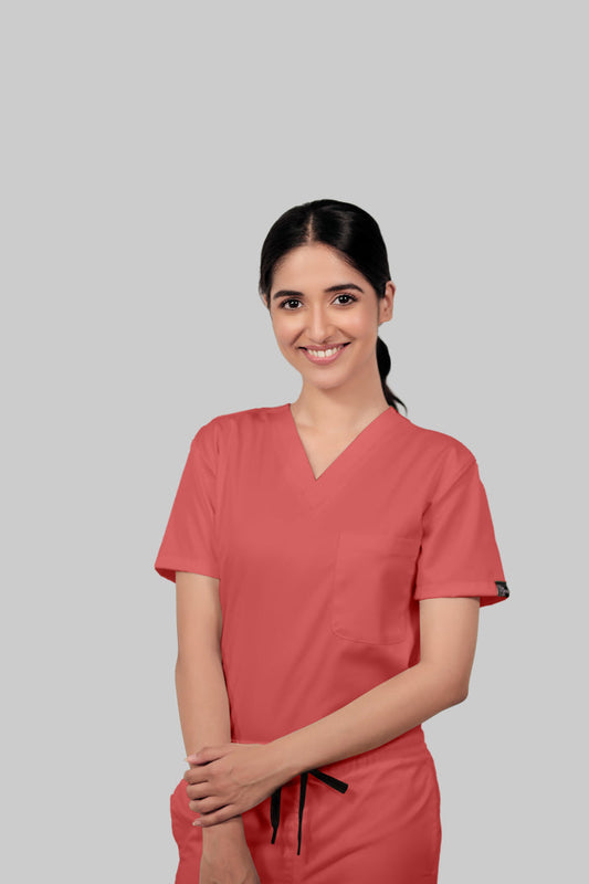 Stretchable (2Way) Women Peach V-Neck Scrub Top