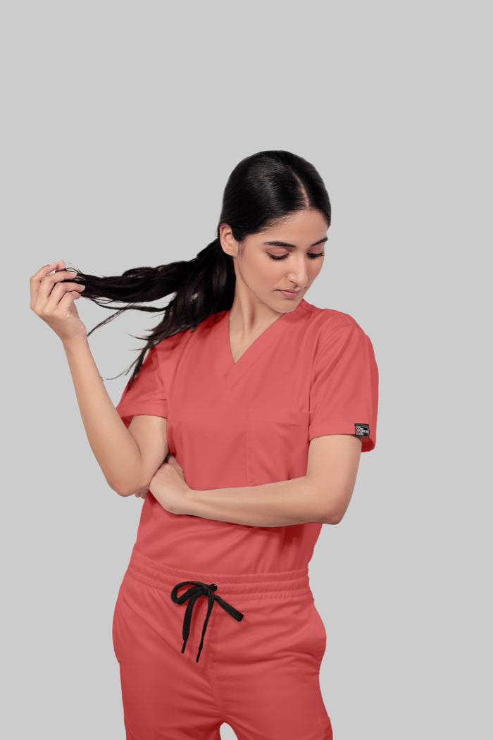 Stretchable (2Way) Women Peach V-Neck Scrub Top
