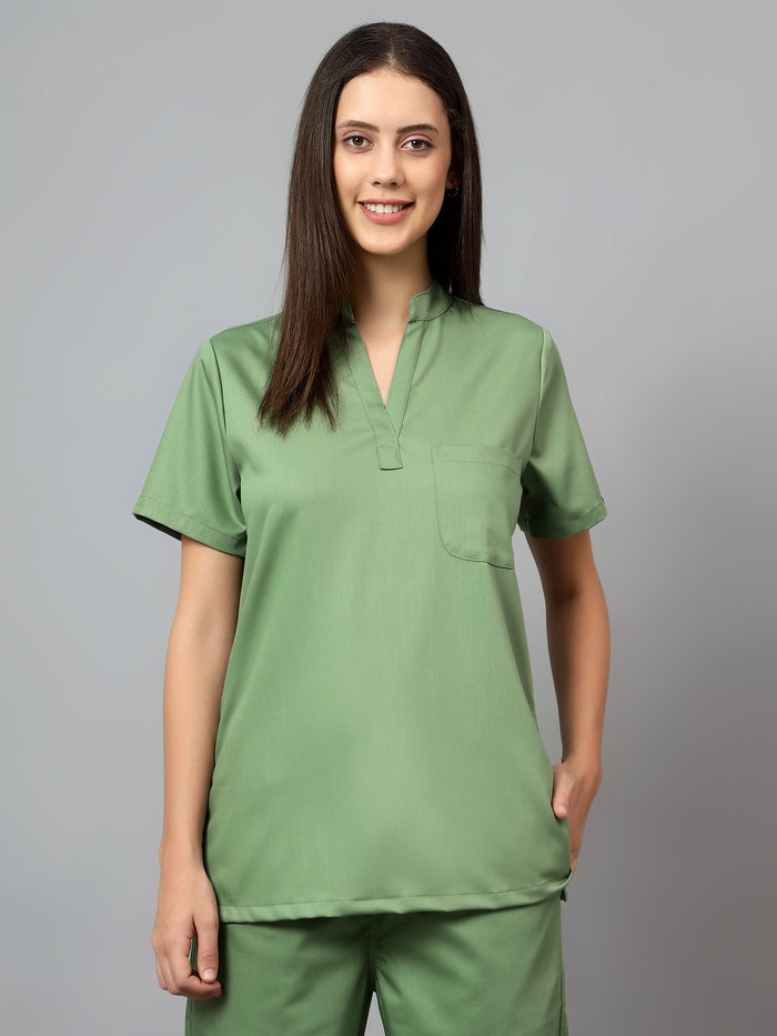 Stretchable (2Way) Women Pista Green Mandarin Neck Scrub Top