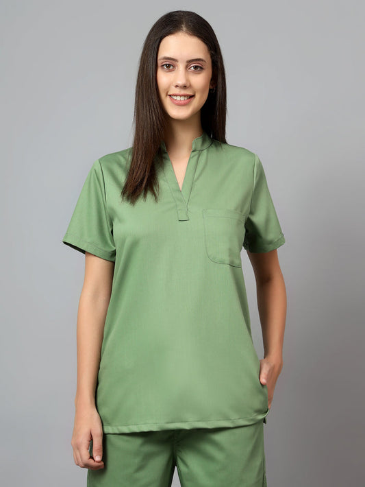 Stretchable (2Way) Women Pista Green Mandarin Neck Scrub Top