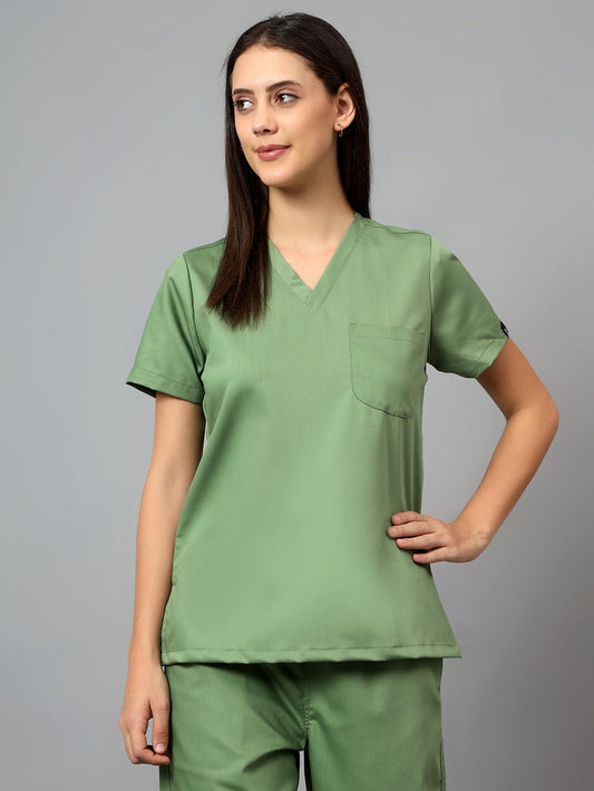 Stretchable (2Way) Women Pista Green V-Neck Scrub Top