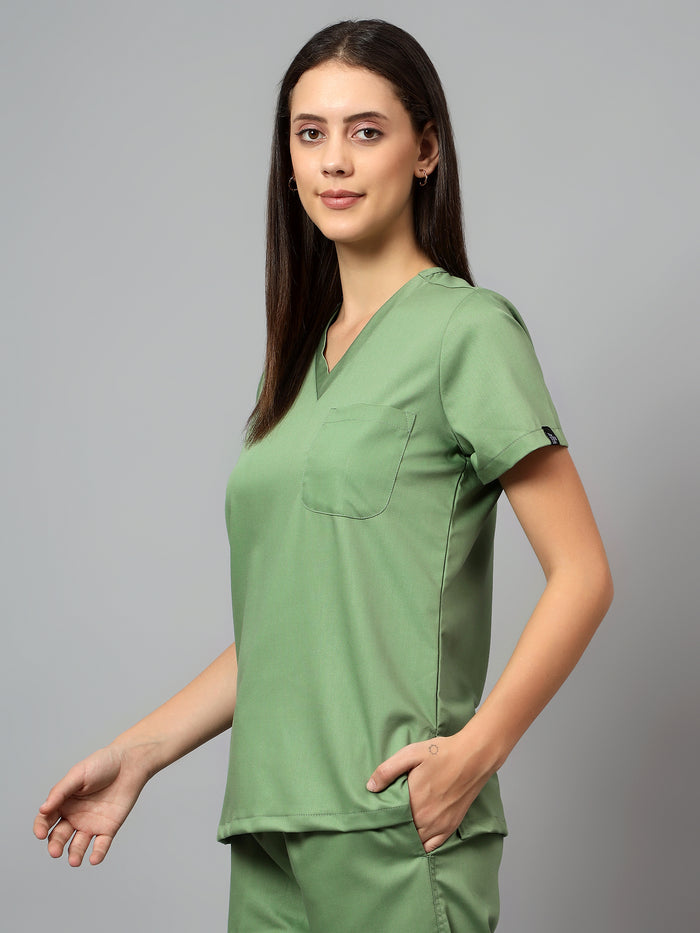 Stretchable (2Way) Women Pista Green V-Neck Scrub Top