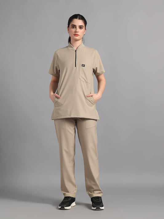 Stretchable (4Way) Beige Women Flex Zip Neckline Top With Straight Pants