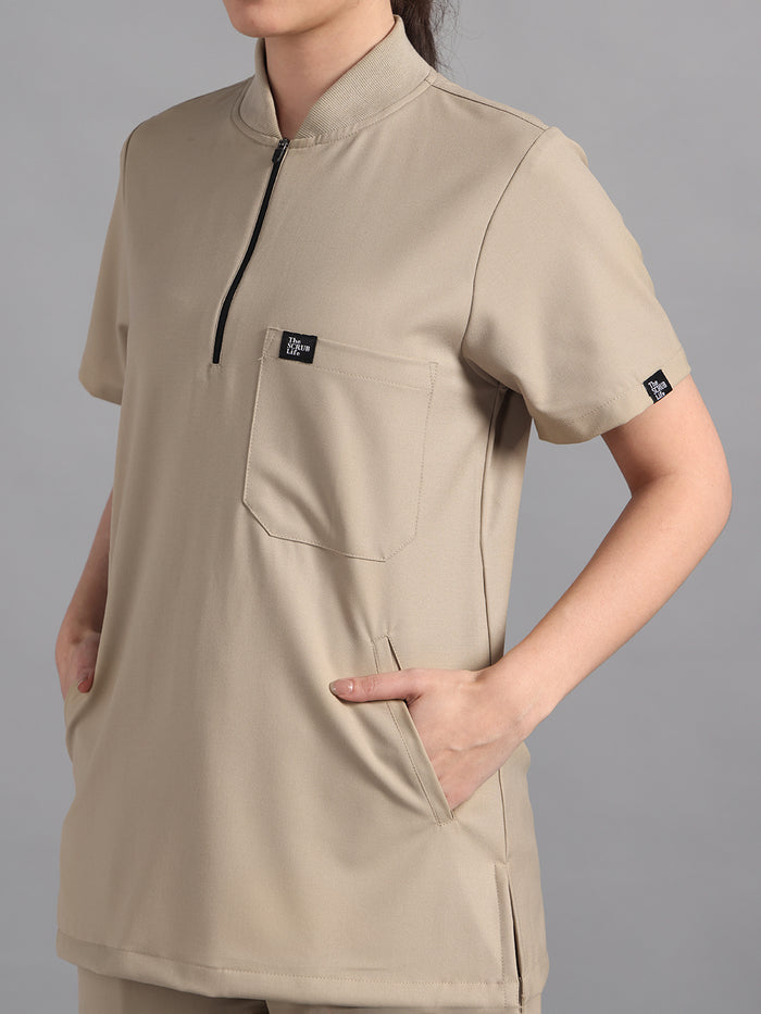 Stretchable (4Way) Beige Women Flex Zip Neckline Top With Straight Pants