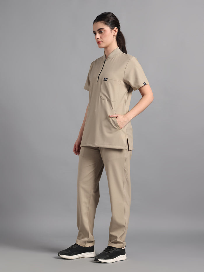 Stretchable (4Way) Beige Women Flex Zip Neckline Top With Straight Pants