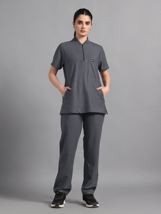 Stretchable (4Way) Charcoal Grey Women Flex Zip Neckline Top With Straight Pants