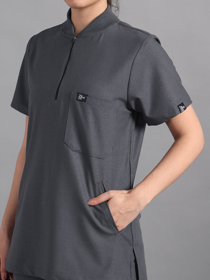 Stretchable (4Way) Charcoal Grey Women Flex Zip Neckline Top With Straight Pants