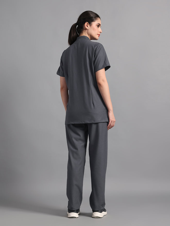 Stretchable (4Way) Charcoal Grey Women Flex Zip Neckline Top With Straight Pants