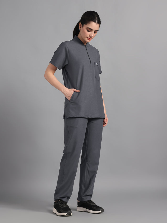Stretchable (4Way) Charcoal Grey Women Flex Zip Neckline Top With Straight Pants