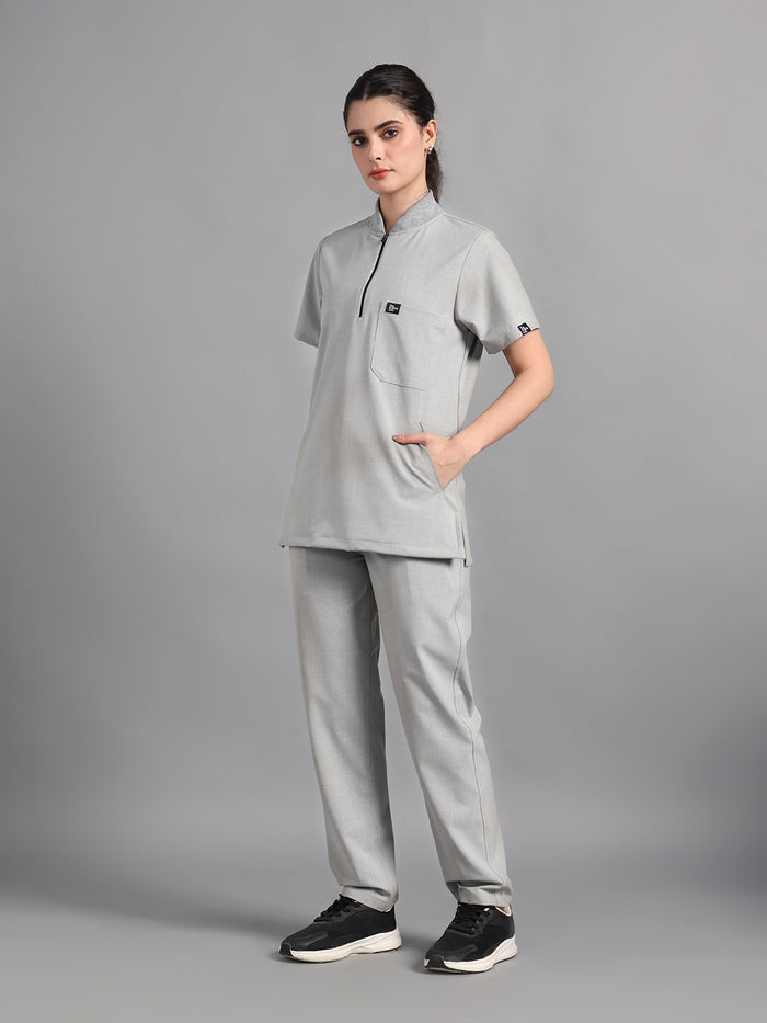 Stretchable (4Way) Light Grey Women Flex Zip Neckline Top With Straight Pants