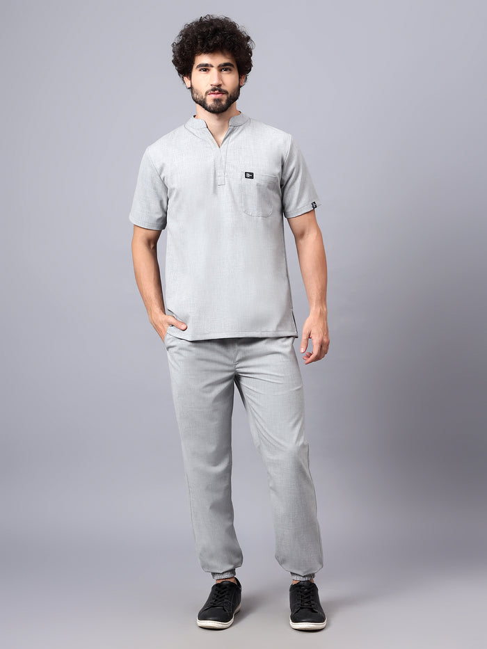 Stretchable (4Way) Men Light Grey Mandarin Neck with Jogger Scrub Set