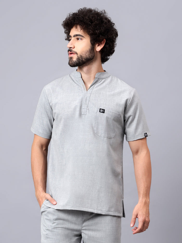 Stretchable (4Way) Men Light Grey Mandarin Neck with Jogger Scrub Set