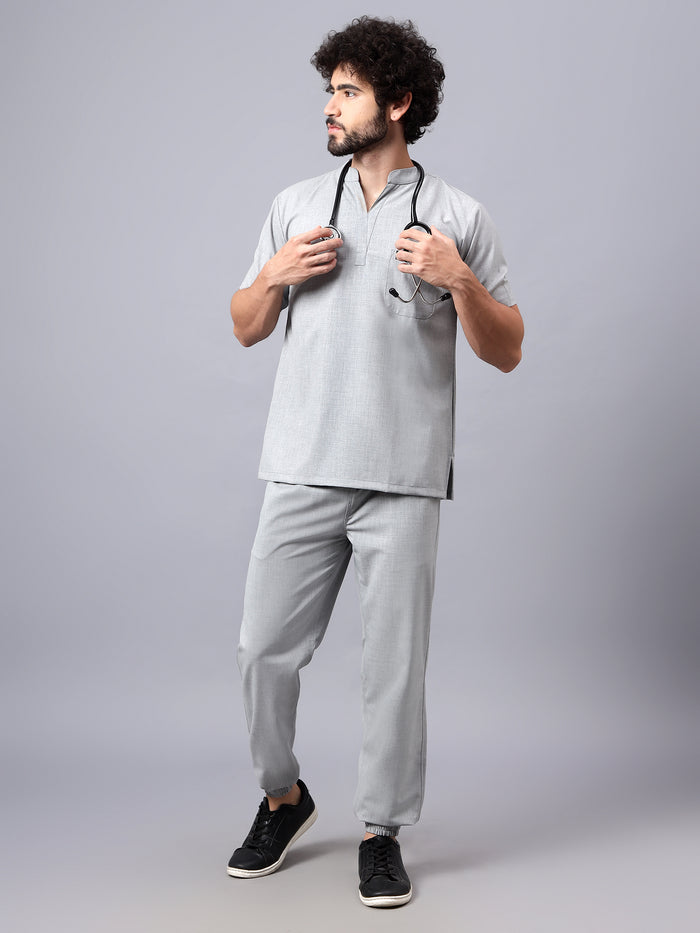 Stretchable (4Way) Men Light Grey Mandarin Neck with Jogger Scrub Set