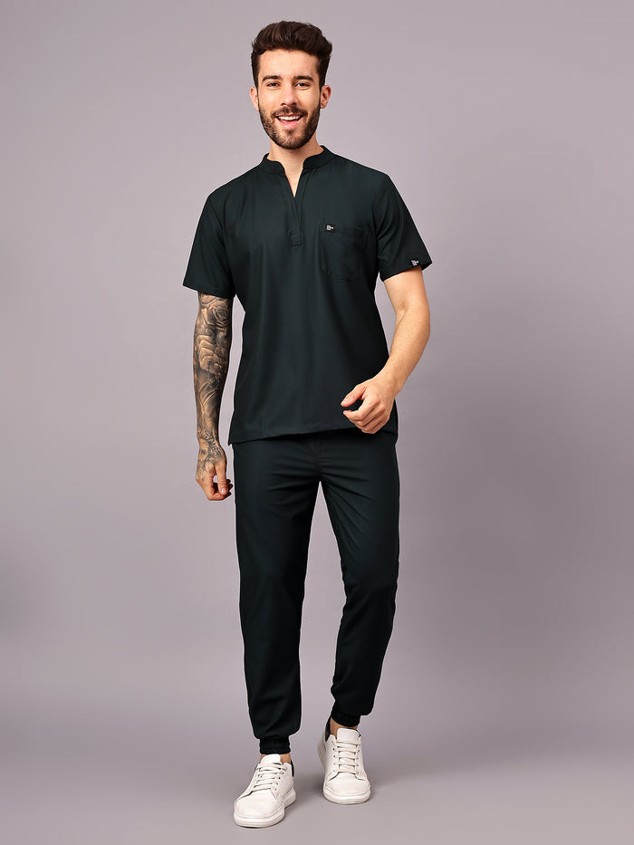 Stretchable (4Way) Men Mid Night Green Mandarin Neck with Jogger Scrub Set