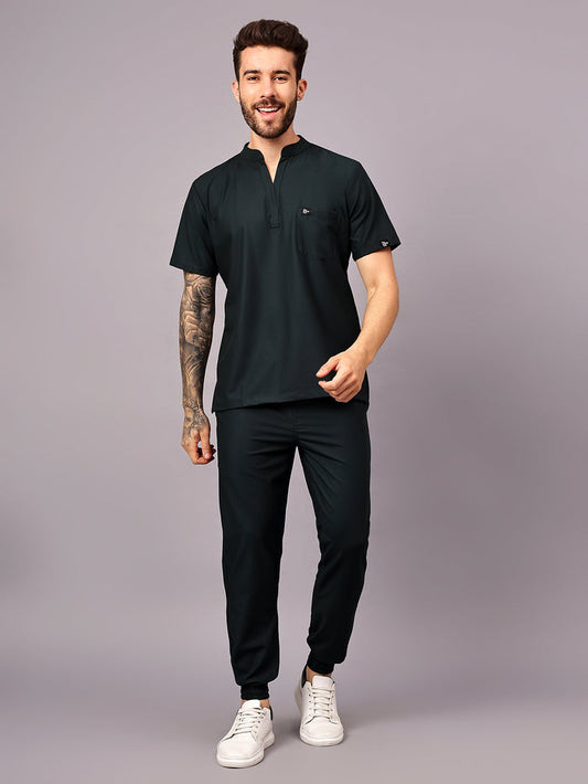 Stretchable (4Way) Men Mid Night Green Mandarin Neck with Jogger Scrub Set