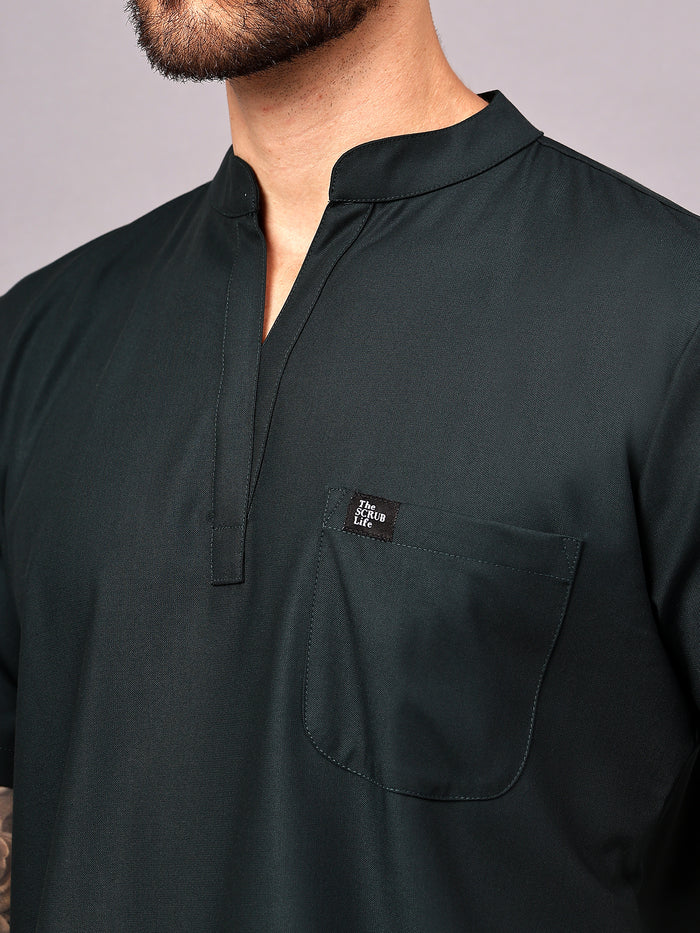 Stretchable (4Way) Men Mid Night Green Mandarin Neck with Jogger Scrub Set