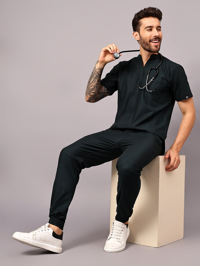 Stretchable (4Way) Men Mid Night Green Mandarin Neck with Jogger Scrub Set
