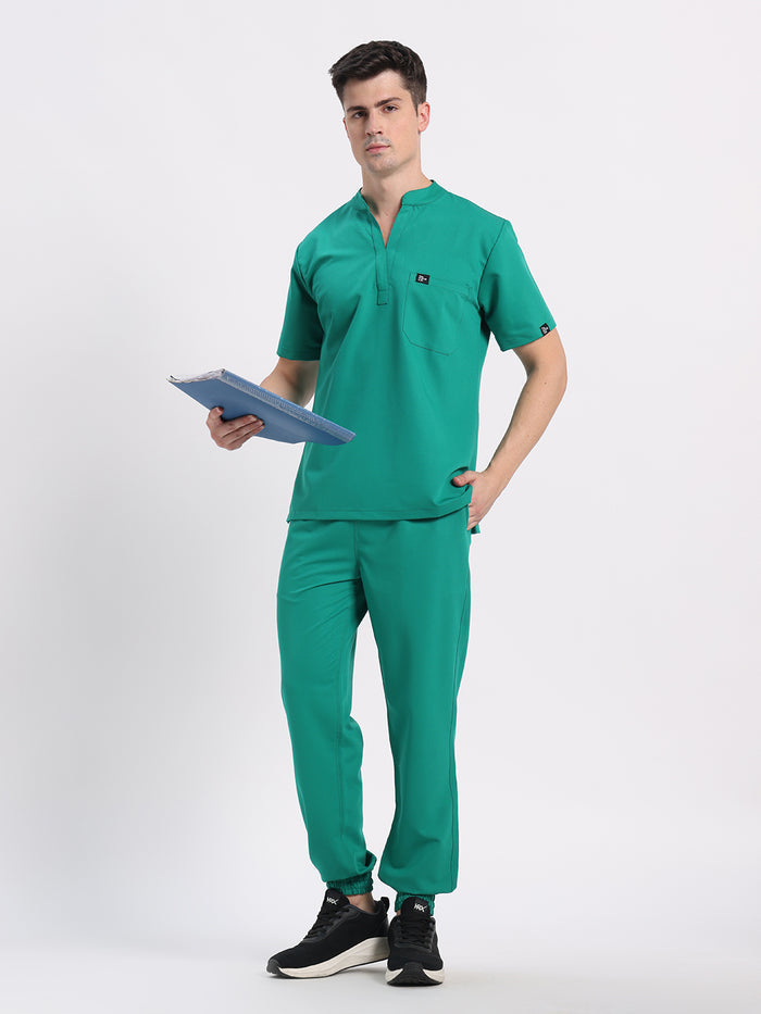 Stretchable (4Way) Men Sea Green Mandarin Neck with Jogger Scrub Set