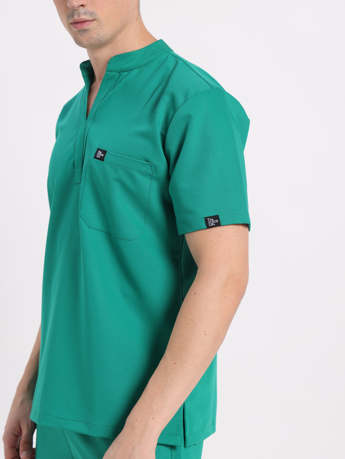Stretchable (4Way) Men Sea Green Mandarin Neck with Jogger Scrub Set