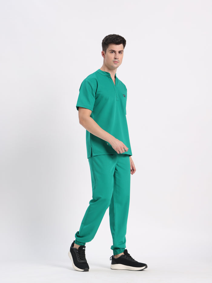 Stretchable (4Way) Men Sea Green Mandarin Neck with Jogger Scrub Set
