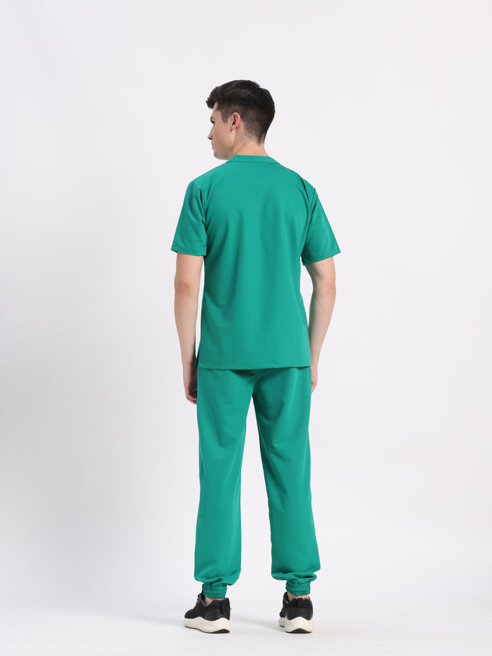 Stretchable (4Way) Men Sea Green Mandarin Neck with Jogger Scrub Set