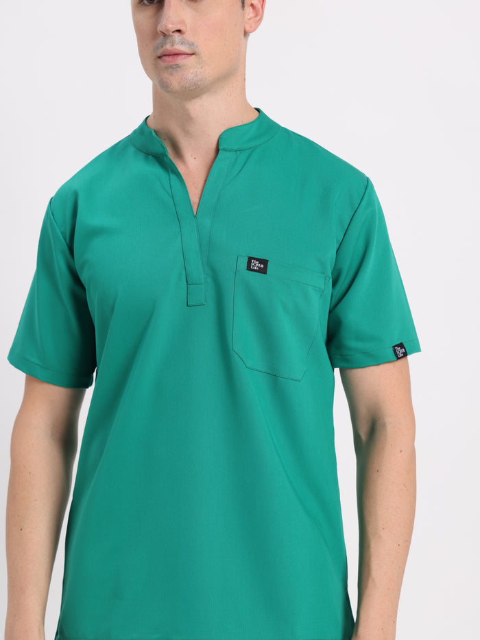 Stretchable (4Way) Men Sea Green Mandarin Neck with Jogger Scrub Set