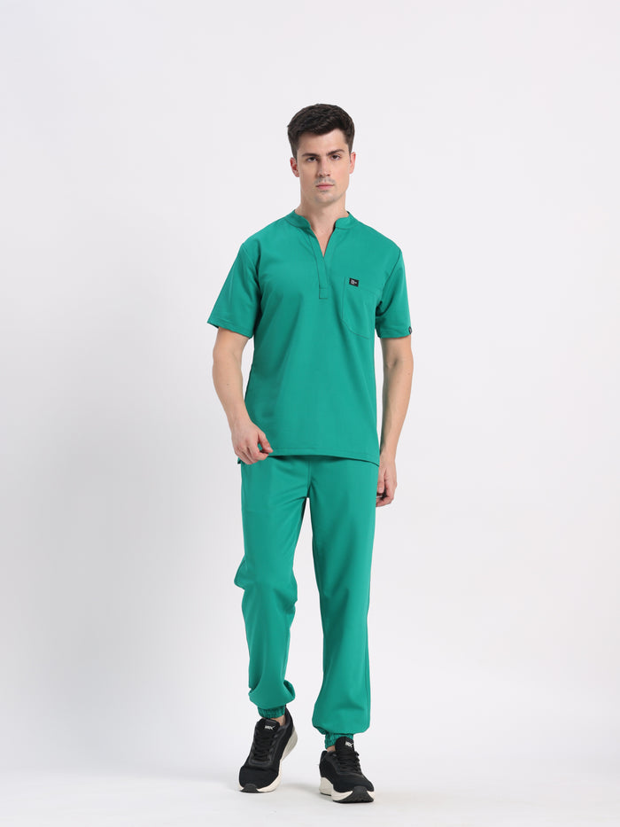 Stretchable (4Way) Men Sea Green Mandarin Neck with Jogger Scrub Set