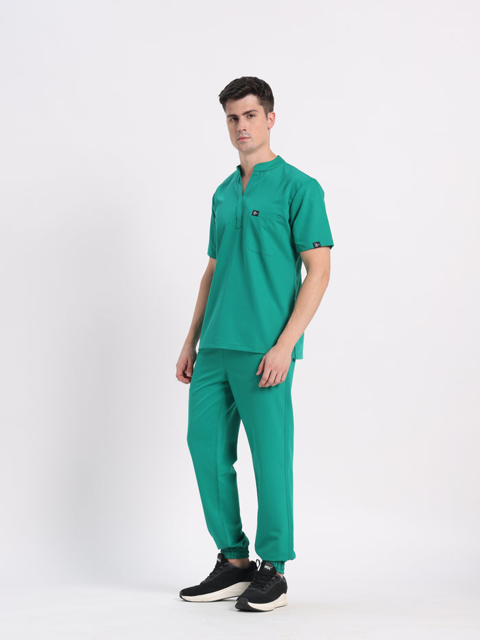 Stretchable (4Way) Men Sea Green Mandarin Neck with Jogger Scrub Set