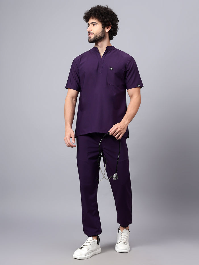 Stretchable (4Way) Men Violet Mandarin Neck with Jogger Scrub Set