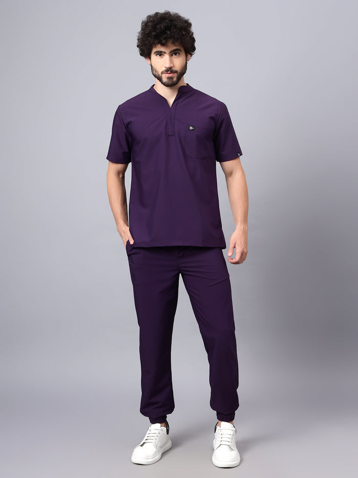 Stretchable (4Way) Men Violet Mandarin Neck with Jogger Scrub Set