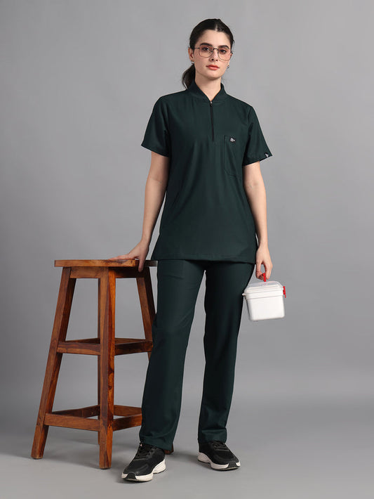 Stretchable (4Way) Midnight Green Women Flex Zip Neckline Top With Straight Pants
