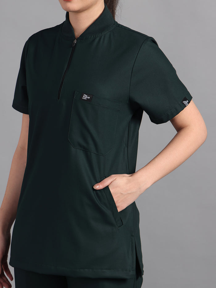 Stretchable (4Way) Midnight Green Women Flex Zip Neckline Top With Straight Pants