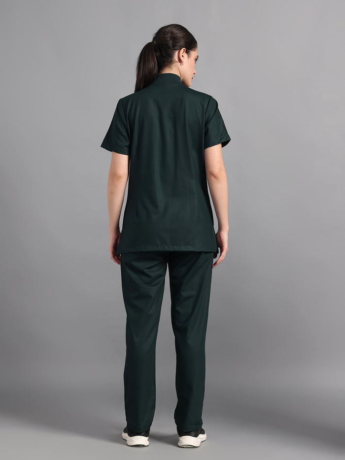 Stretchable (4Way) Midnight Green Women Flex Zip Neckline Top With Straight Pants