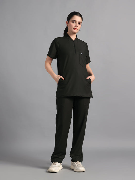 Stretchable (4Way) Olive Green Women Flex Zip Neckline Top With Straight Pants