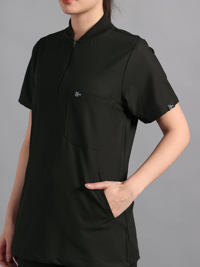 Stretchable (4Way) Olive Green Women Flex Zip Neckline Top With Straight Pants