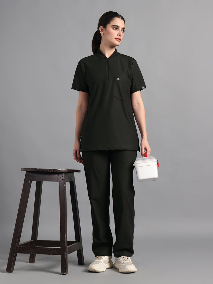 Stretchable (4Way) Olive Green Women Flex Zip Neckline Top With Straight Pants