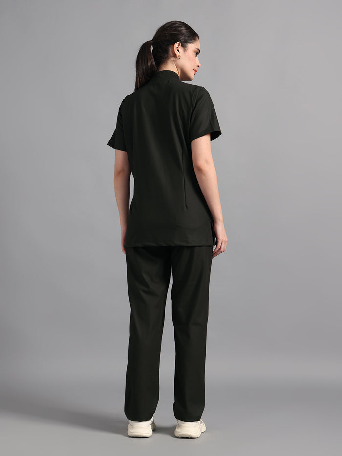 Stretchable (4Way) Olive Green Women Flex Zip Neckline Top With Straight Pants