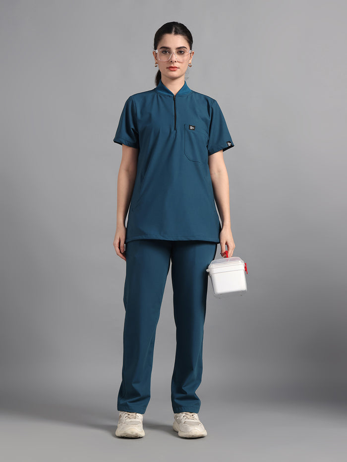 Stretchable (4Way) Peacock Blue Women Flex Zip Neckline Top With Straight Pants