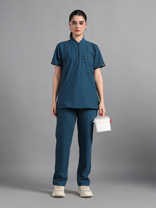 Stretchable (4Way) Peacock Blue Women Flex Zip Neckline Top With Straight Pants