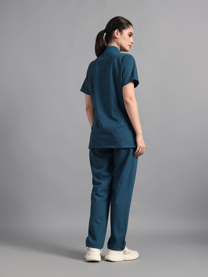 Stretchable (4Way) Peacock Blue Women Flex Zip Neckline Top With Straight Pants