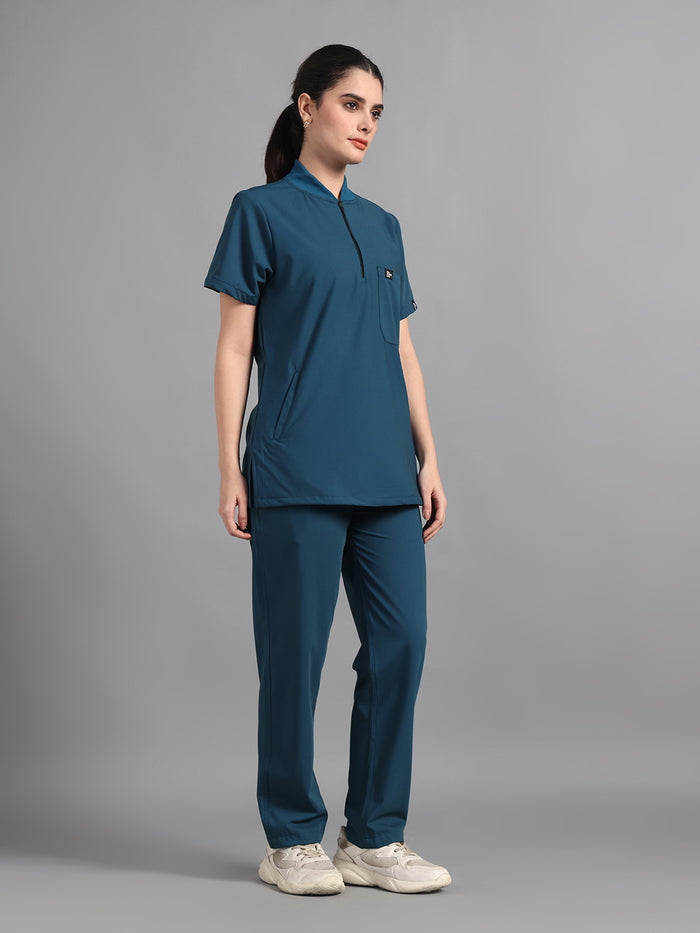 Stretchable (4Way) Peacock Blue Women Flex Zip Neckline Top With Straight Pants