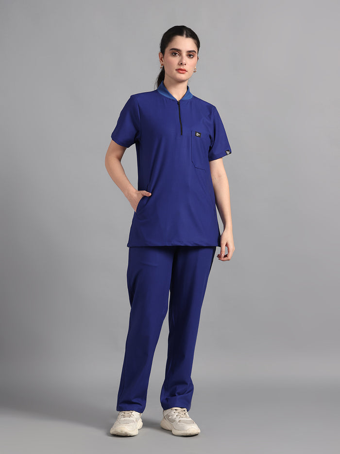 Stretchable (4Way) Royal Blue Women Flex Zip Neckline Top With Straight Pants