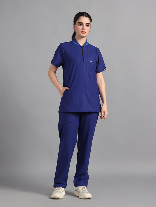 Stretchable (4Way) Royal Blue Women Flex Zip Neckline Top With Straight Pants