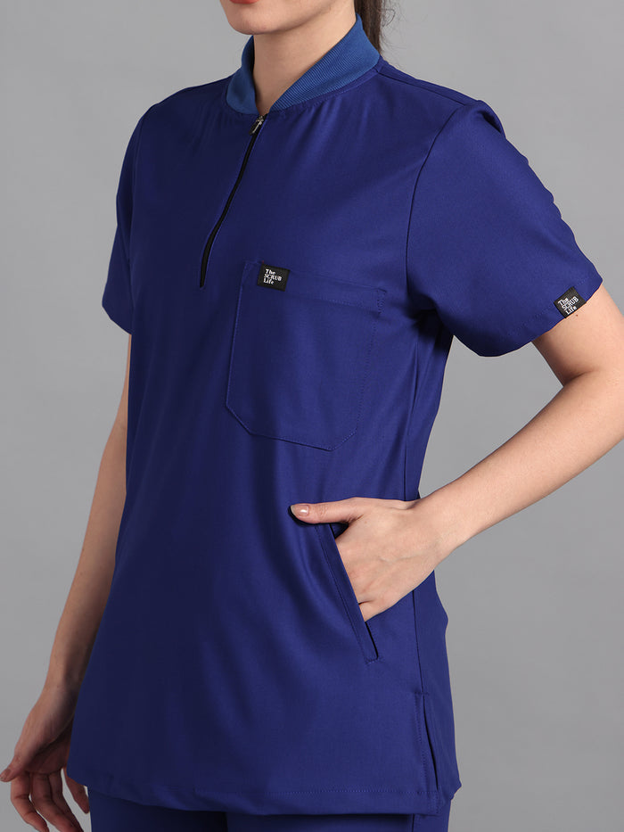 Stretchable (4Way) Royal Blue Women Flex Zip Neckline Top With Straight Pants