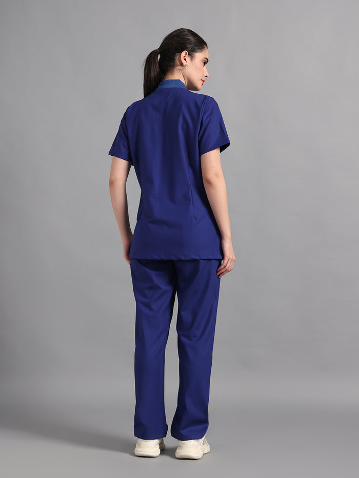 Stretchable (4Way) Royal Blue Women Flex Zip Neckline Top With Straight Pants